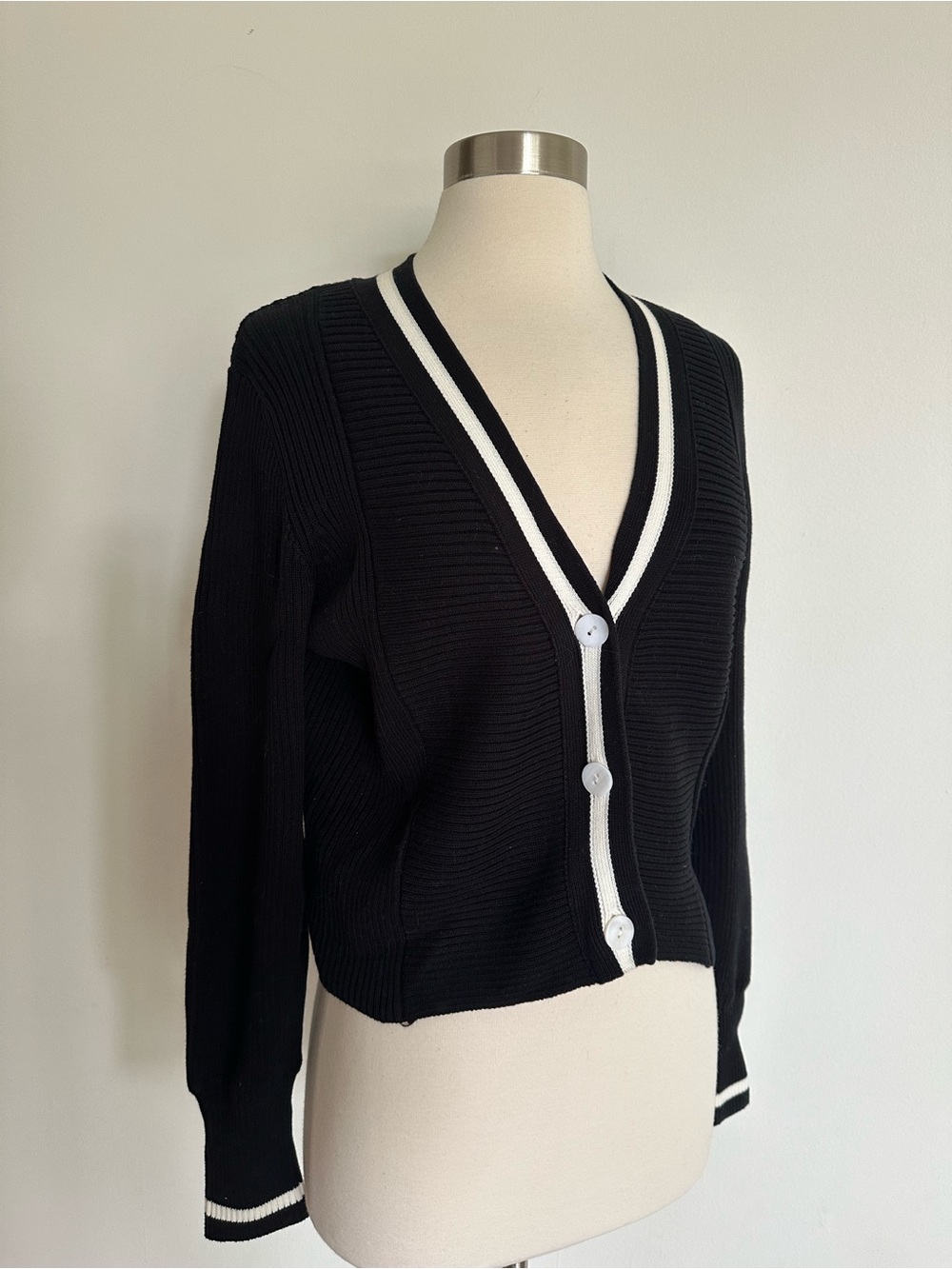 Kokun 100% Cotton Cardigan Sweater Black/White Trim XS